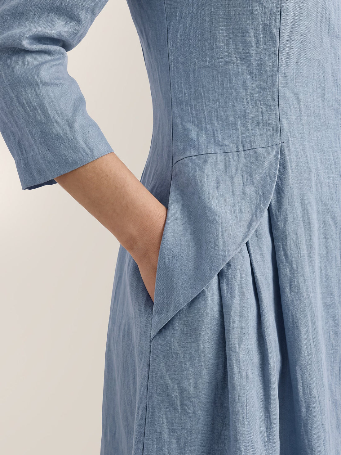 100% Linen Pleated Midi Dress with Hidden Pockets