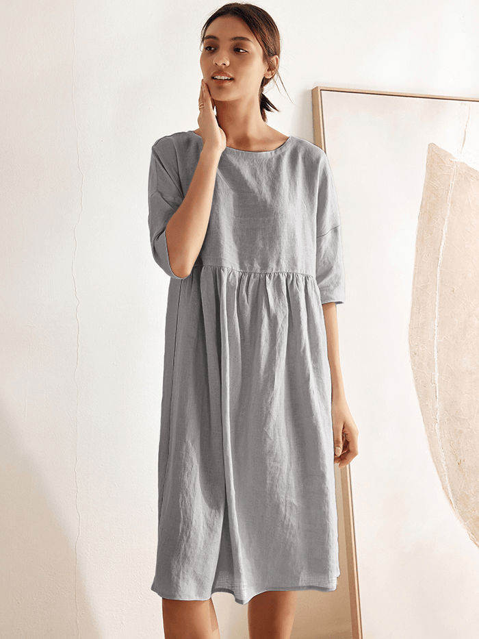 100% Linen Ruched Round-Neck Midi Dress
