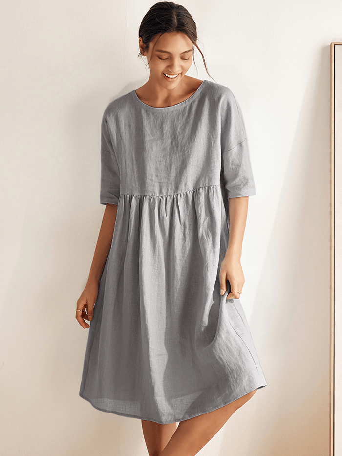100% Linen Ruched Round-Neck Midi Dress