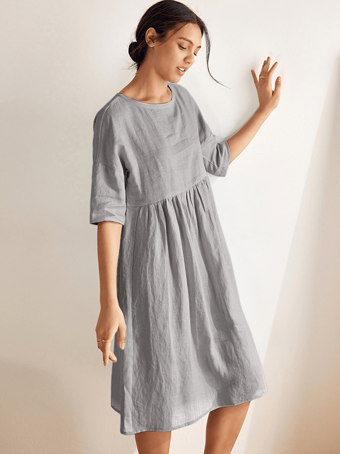 100% Linen Ruched Round-Neck Midi Dress
