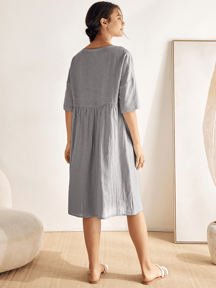 100% Linen Ruched Round-Neck Midi Dress