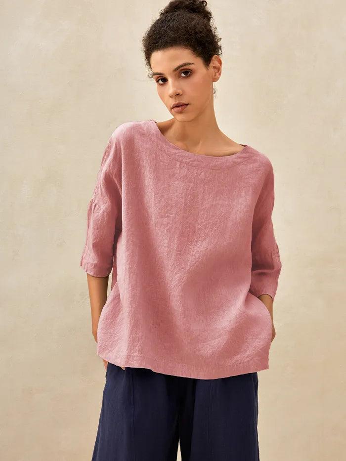 100% Linen Checked Boatneck Half-Sleeve Top