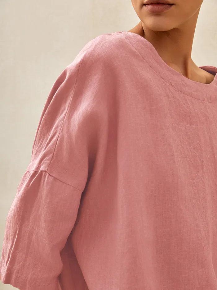 100% Linen Checked Boatneck Half-Sleeve Top