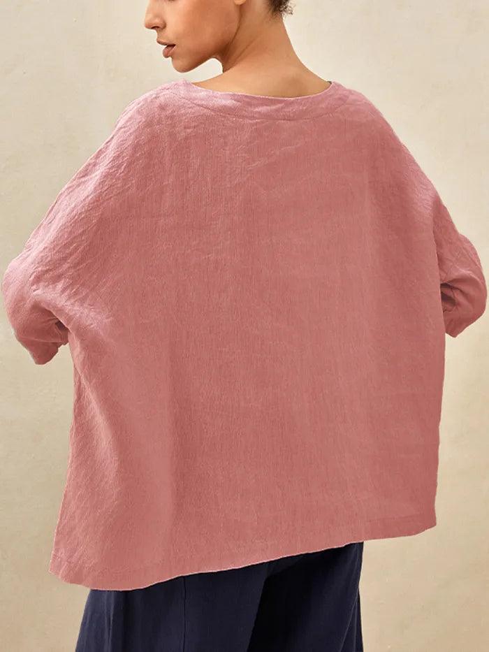 100% Linen Checked Boatneck Half-Sleeve Top