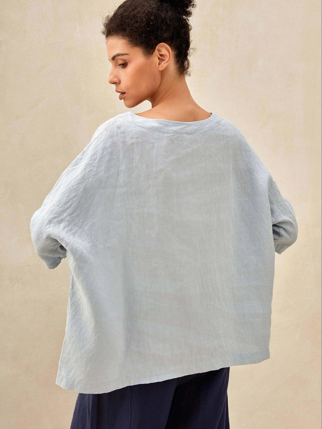 100% Linen Checked Boatneck Half-Sleeve Top