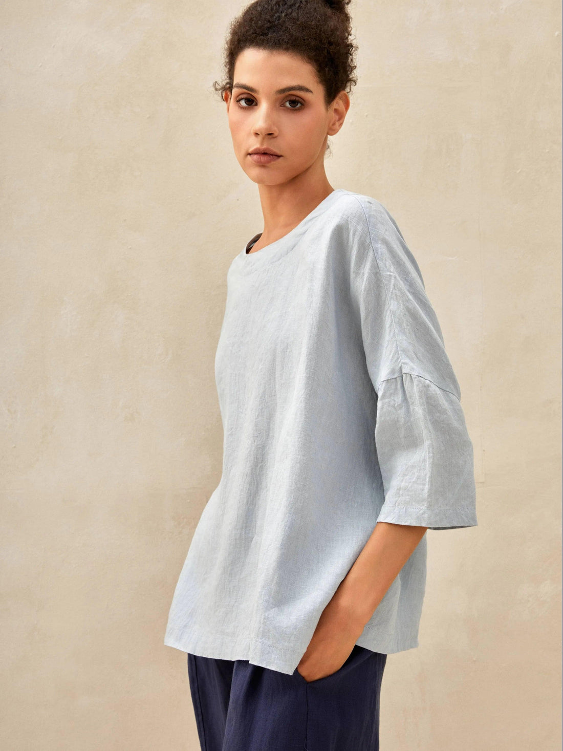 100% Linen Checked Boatneck Half-Sleeve Top