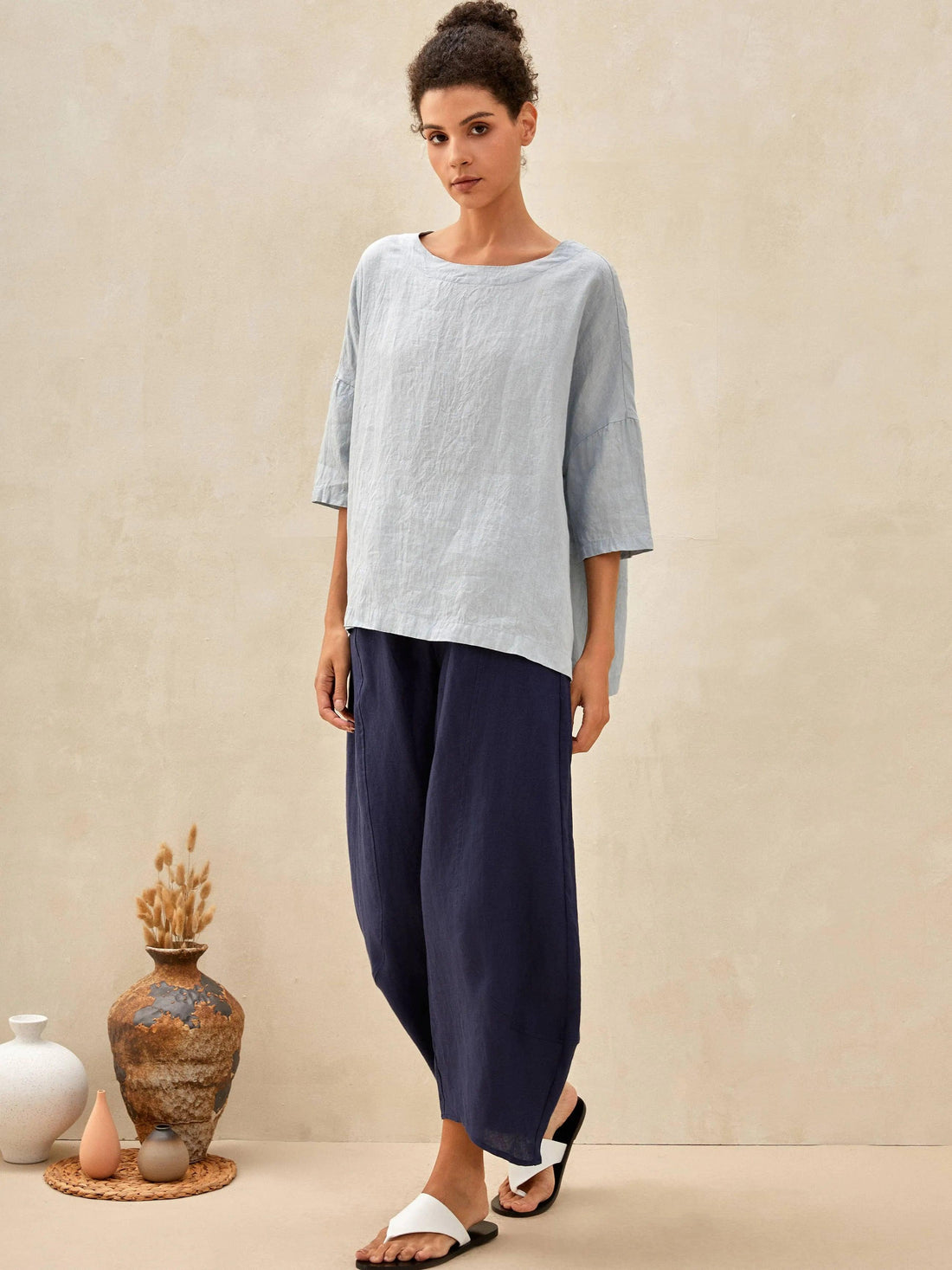100% Linen Checked Boatneck Half-Sleeve Top