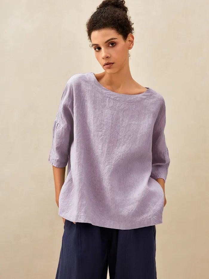 100% Linen Checked Boatneck Half-Sleeve Top