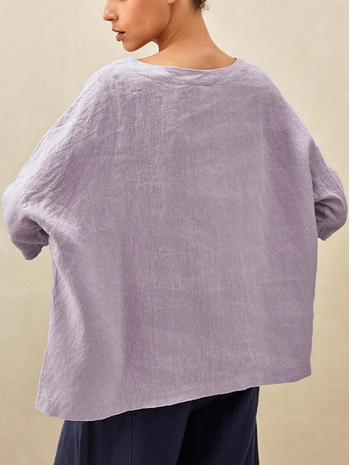 100% Linen Checked Boatneck Half-Sleeve Top