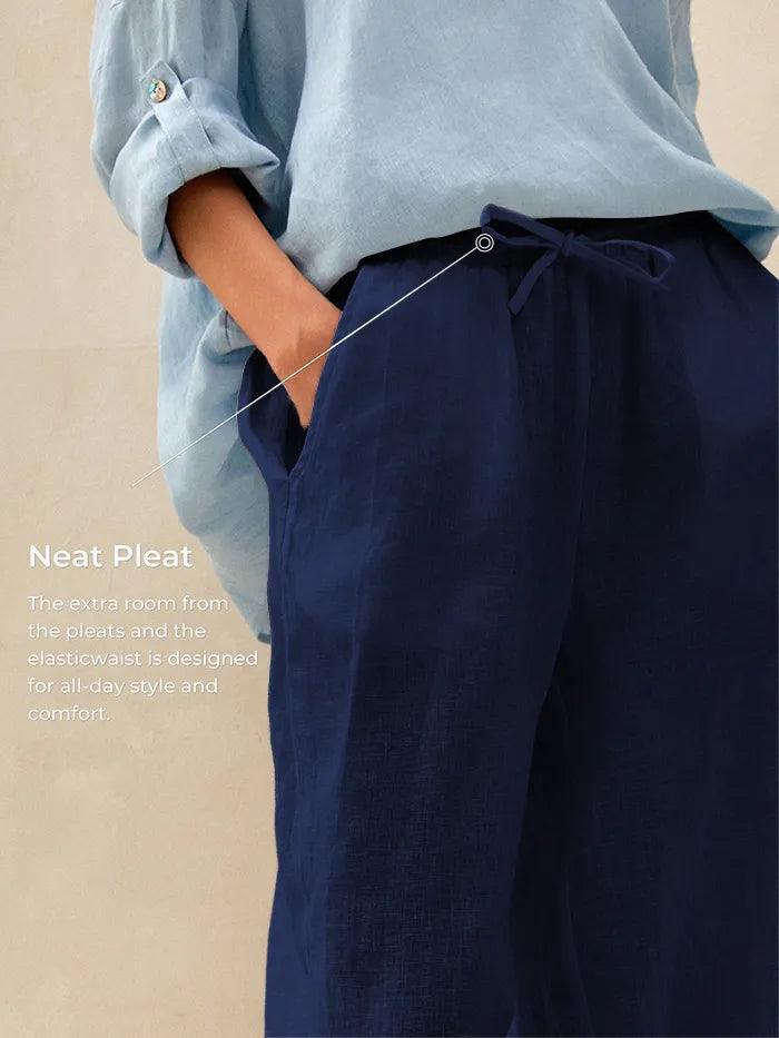 100% Linen Full-Elastic Waist Straight-Leg Pants