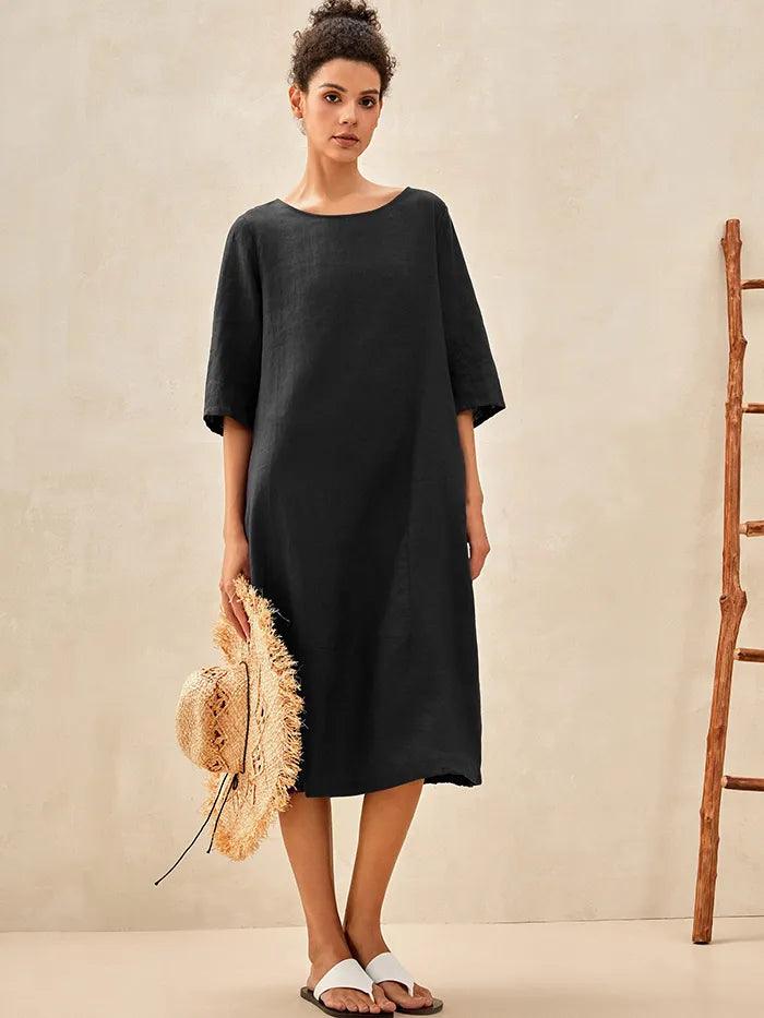 100% Linen Boat Neck Midi Dress