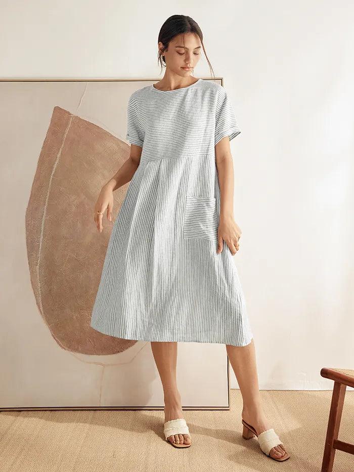 100% Linen Short Sleeve A-Line Midi Dress