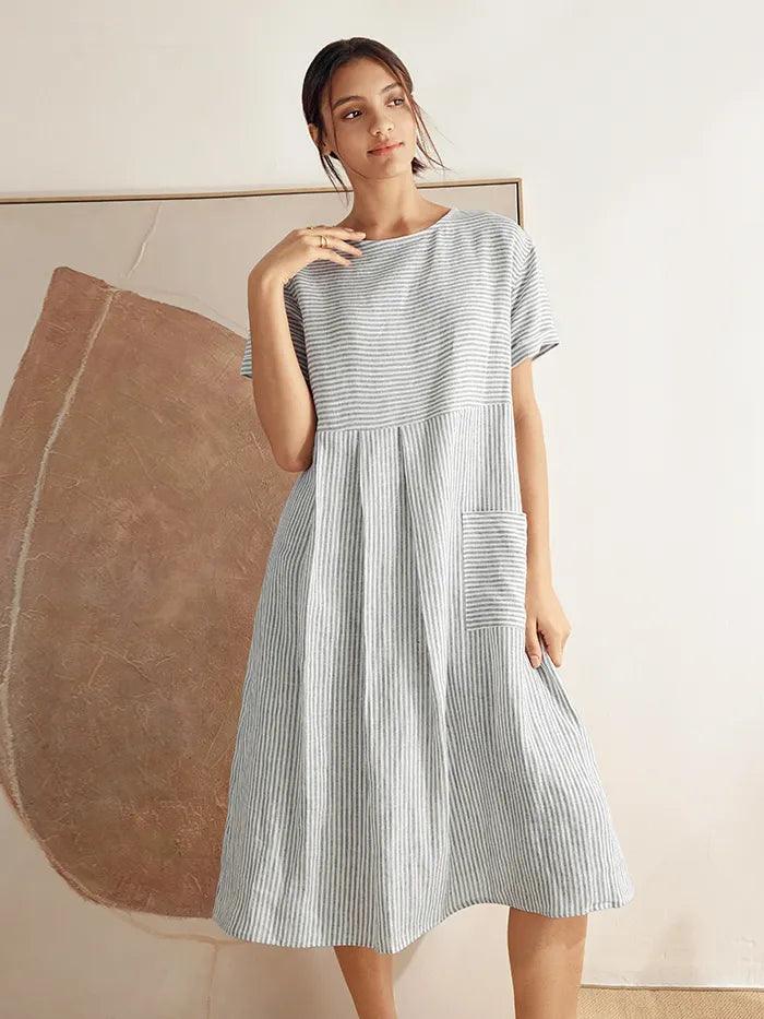 100% Linen Short Sleeve A-Line Midi Dress