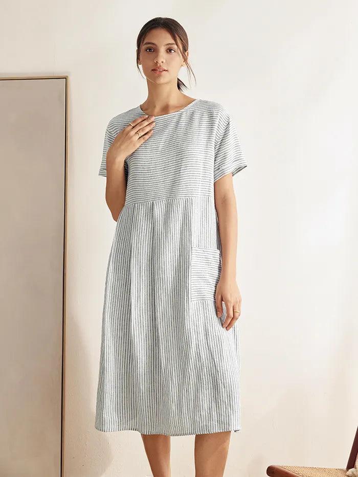 100% Linen Short Sleeve A-Line Midi Dress