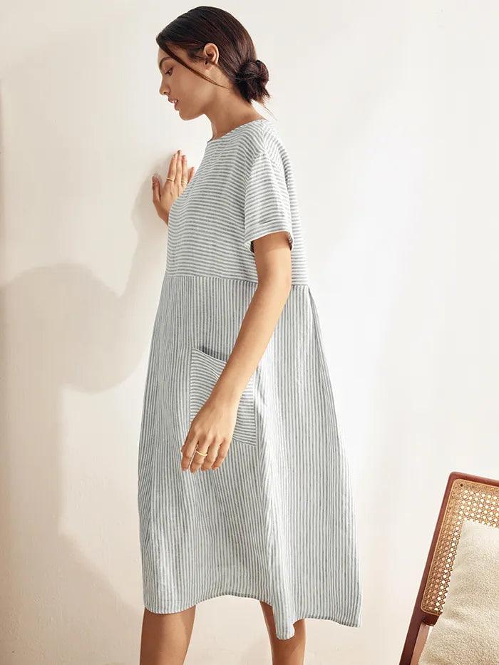 100% Linen Short Sleeve A-Line Midi Dress