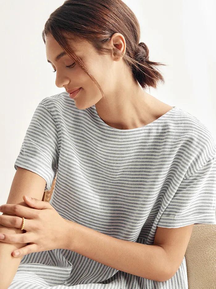 100% Linen Short Sleeve A-Line Midi Dress