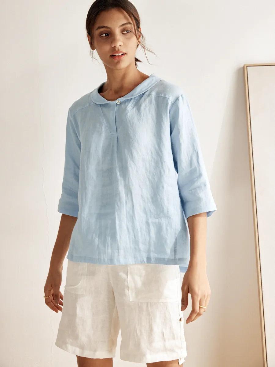 100% Linen V-Neck Three-Quarter Sleeve Blouse