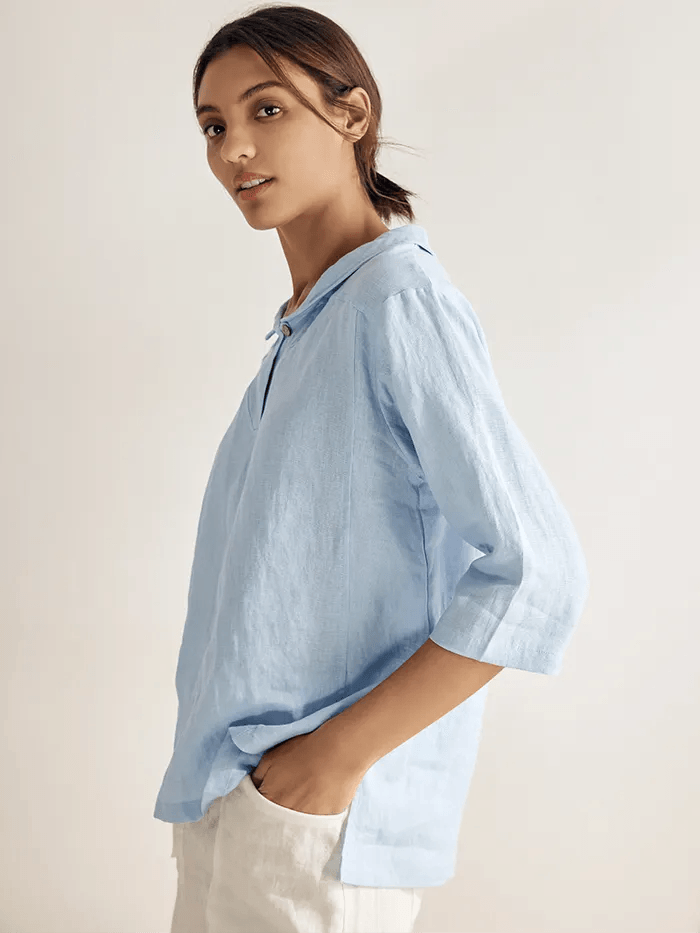 100% Linen V-Neck Three-Quarter Sleeve Blouse