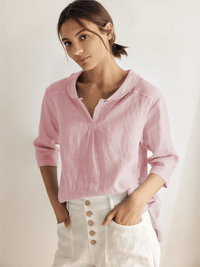 100% Linen V-Neck Three-Quarter Sleeve Blouse