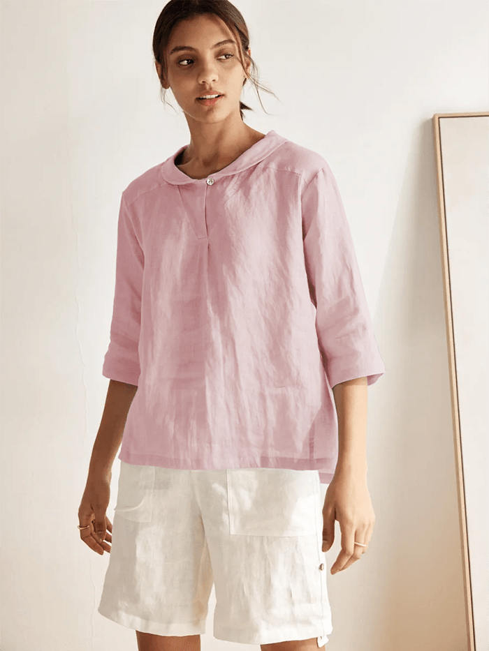 100% Linen V-Neck Three-Quarter Sleeve Blouse
