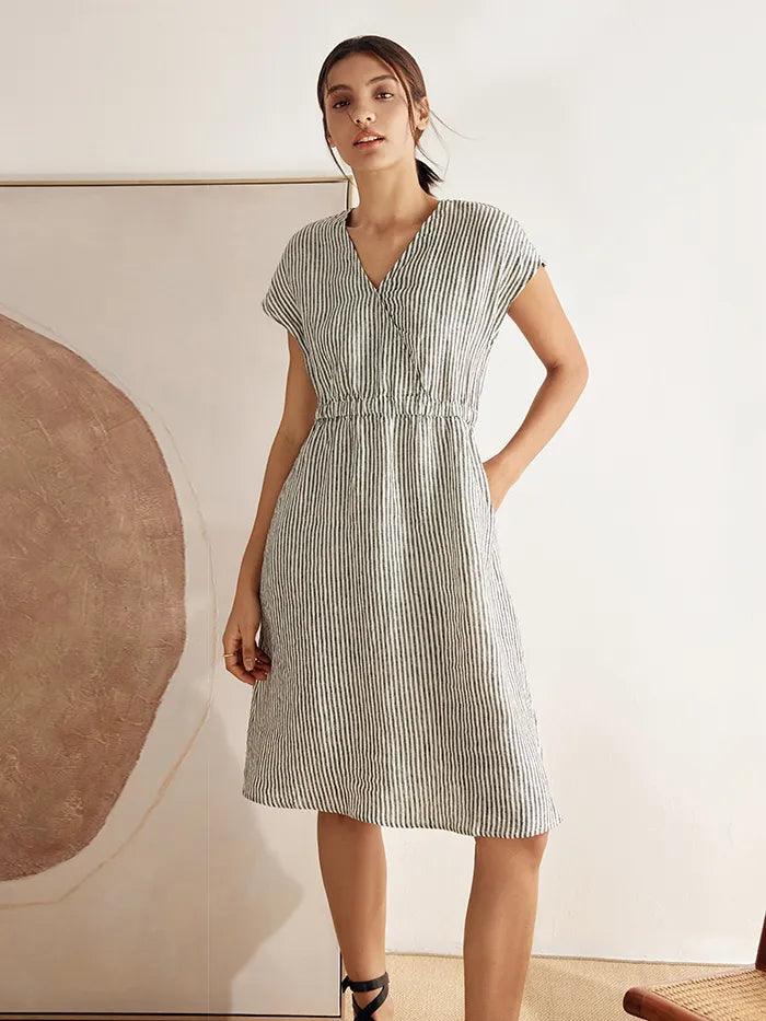 100% Linen Striped V-Neck Elastic Waist Mini Dress