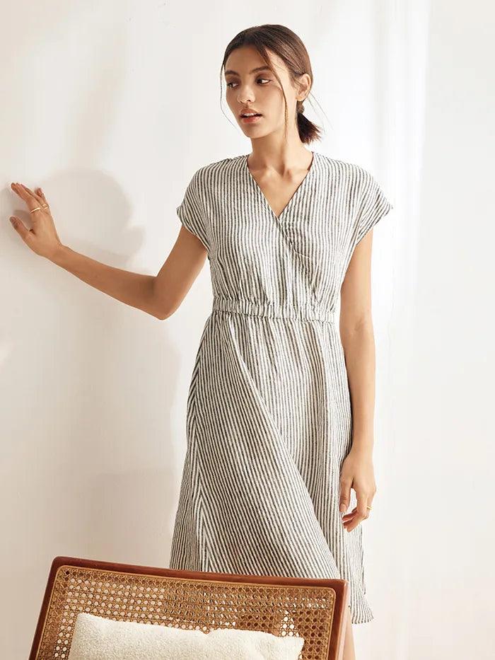 100% Linen Striped V-Neck Elastic Waist Mini Dress