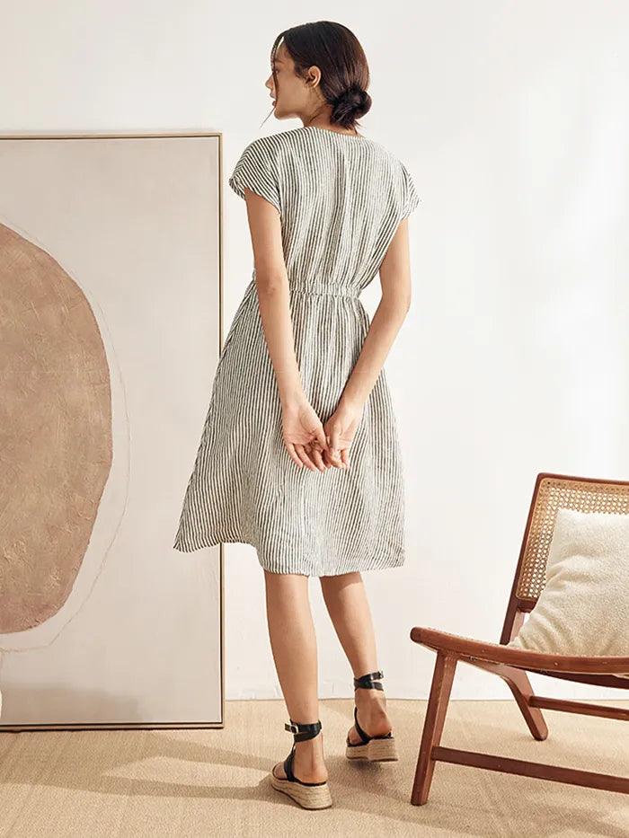 100% Linen Striped V-Neck Elastic Waist Mini Dress