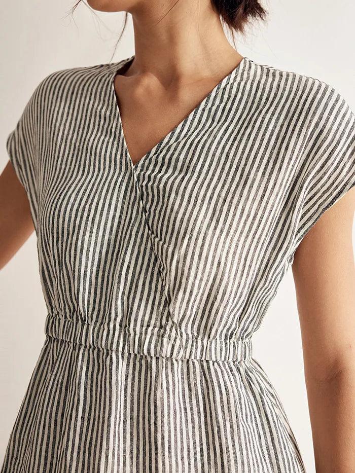 100% Linen Striped V-Neck Elastic Waist Mini Dress