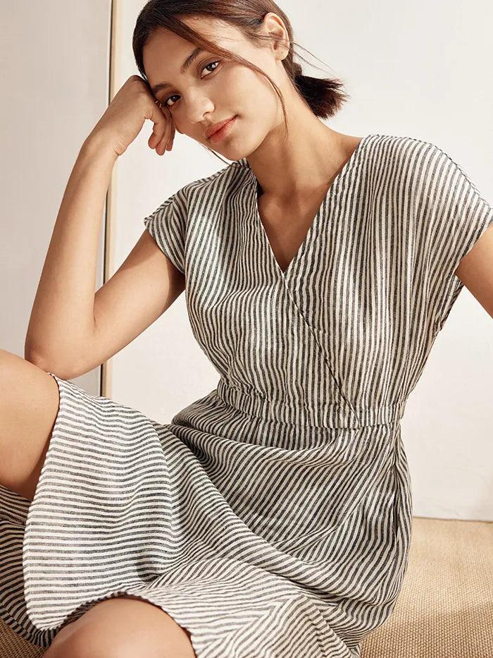 100% Linen V-Neck Elastic-Waist Mini Dress