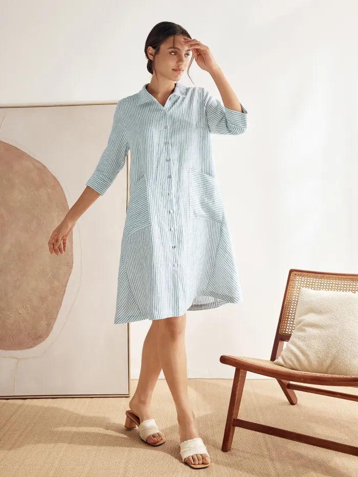 100% Linen Yarn-Dyed Mini Shirt Dress