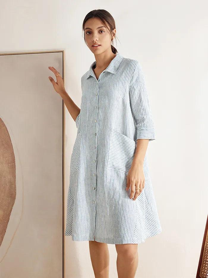 100% Linen Yarn-Dyed Mini Shirt Dress