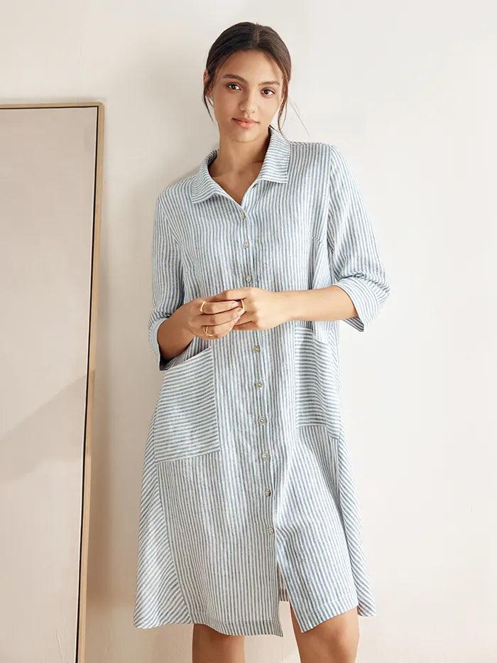 100% Linen Yarn-Dyed Mini Shirt Dress
