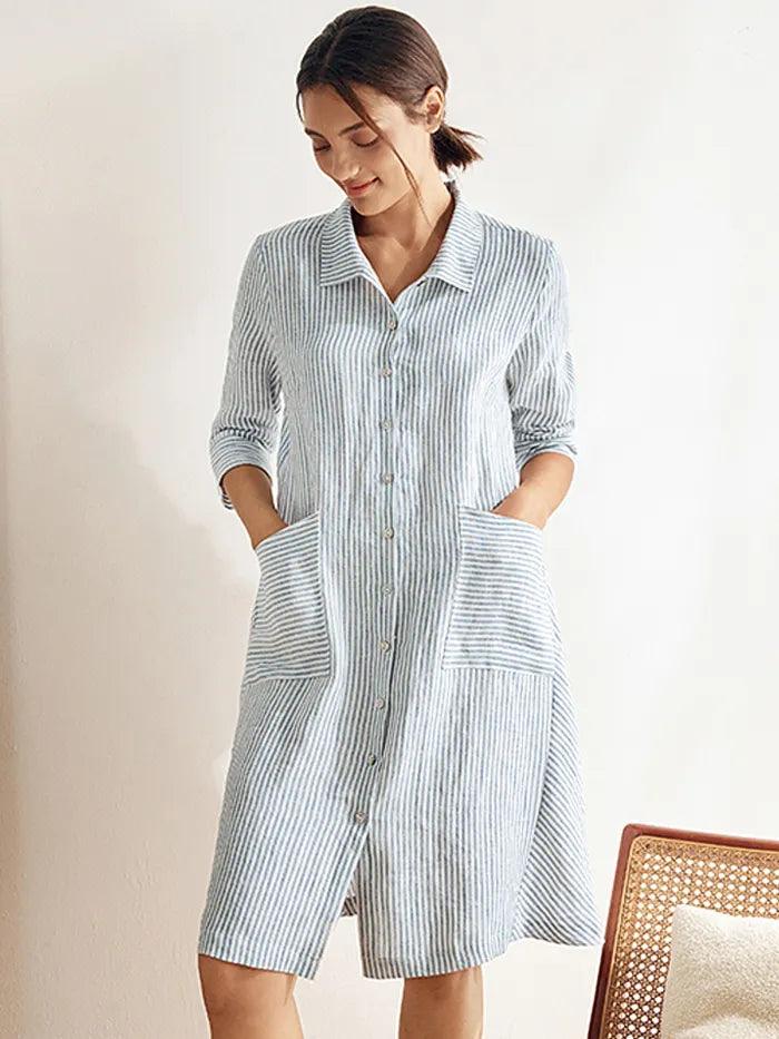 100% Linen Yarn-Dyed Mini Shirt Dress