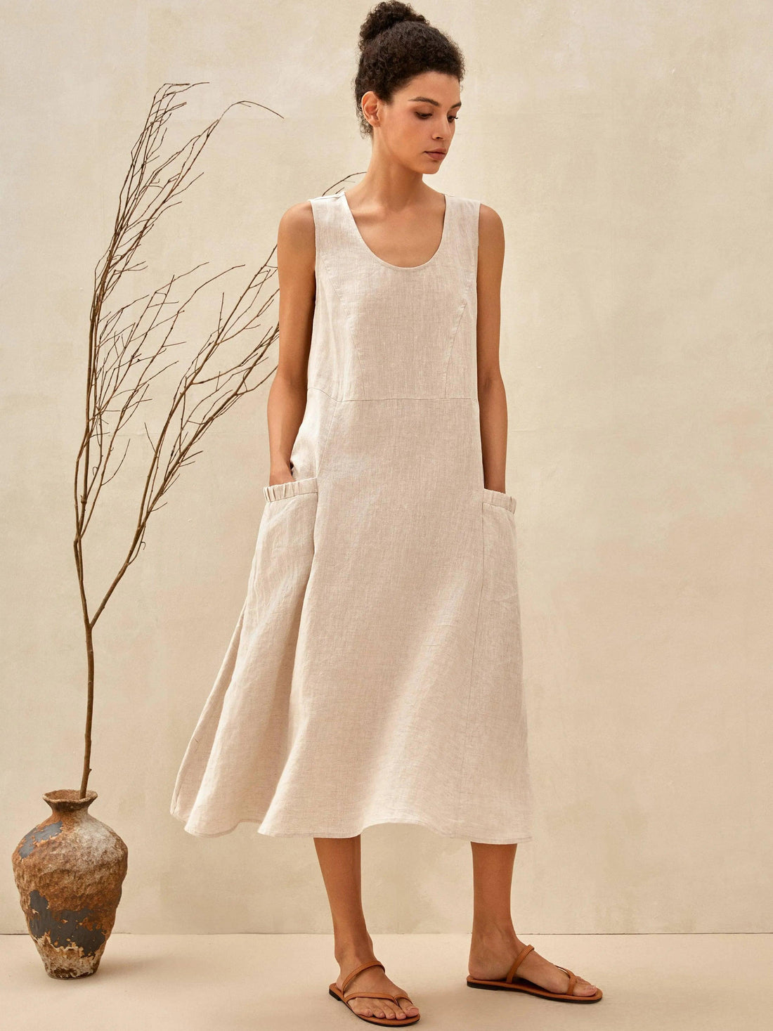 100% Linen Sleeveless Pocket Midi Dress