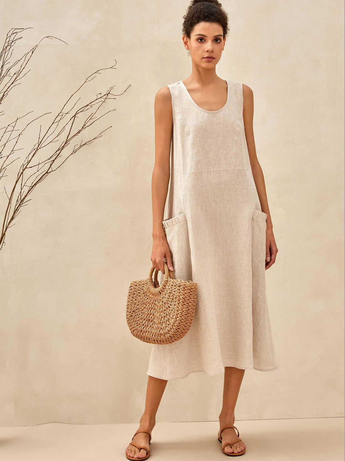 100% Linen Sleeveless Pocket Midi Dress