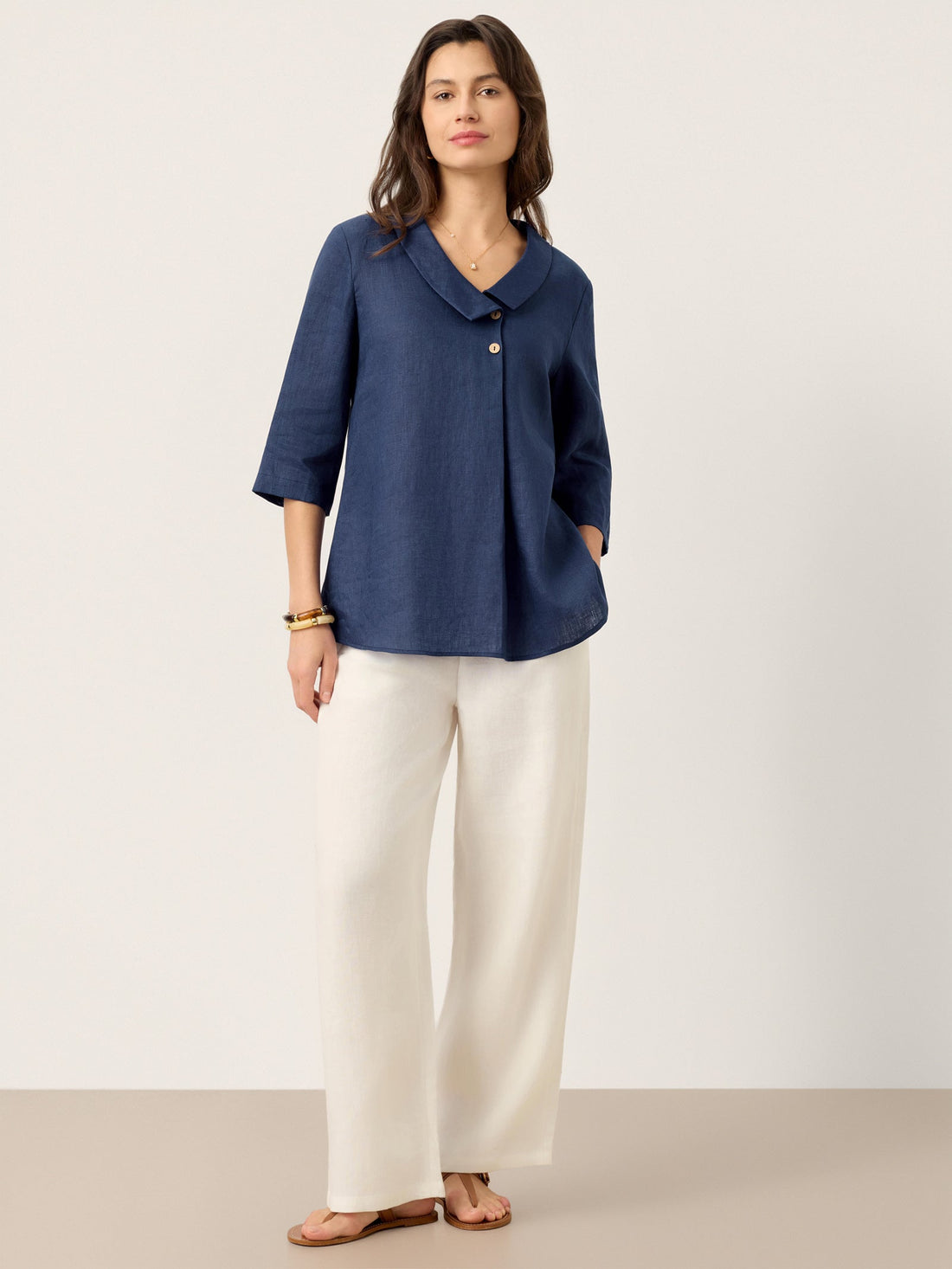 Linen Asymmetric-Collar Tunic Top with Button Detail