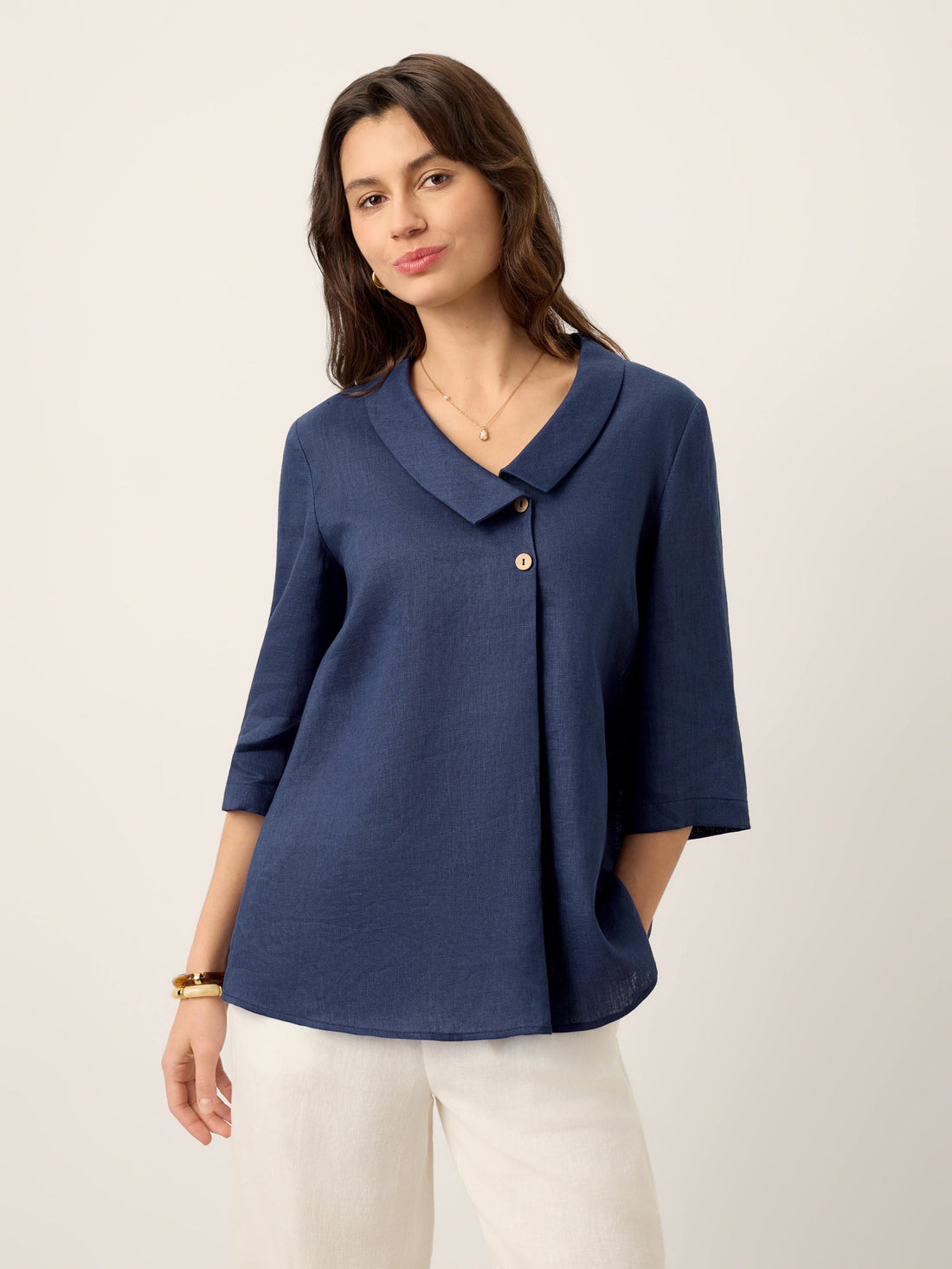 Linen Asymmetric-Collar Tunic Top with Button Detail