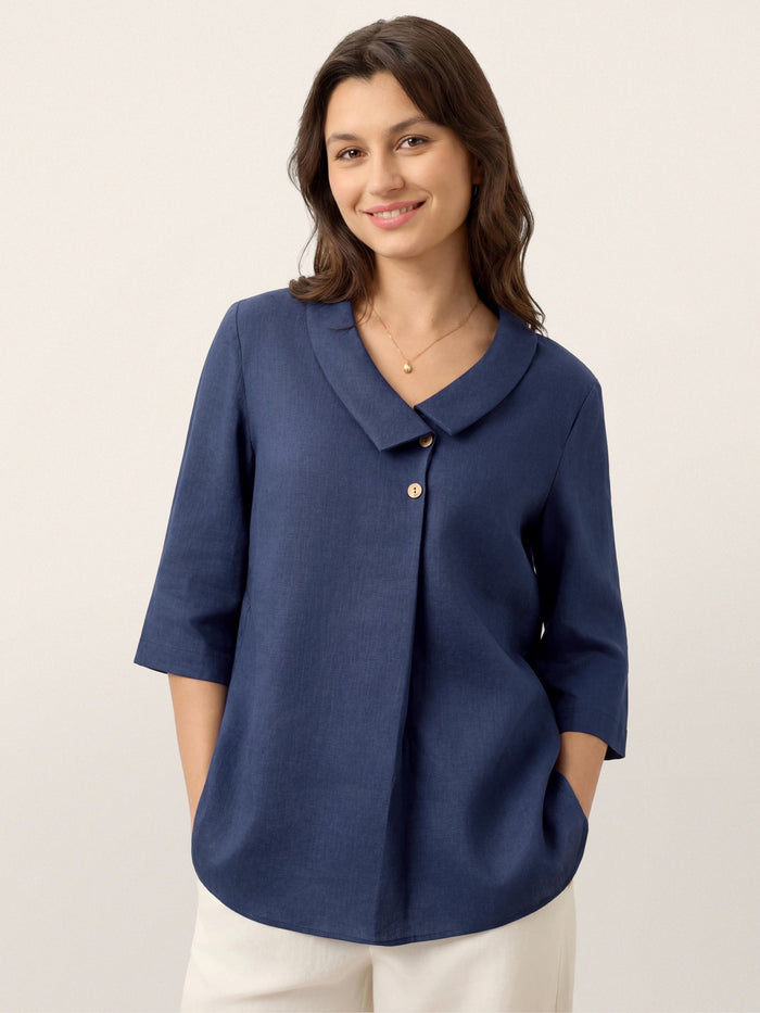 Linen Asymmetric-Collar Tunic Top with Button Detail