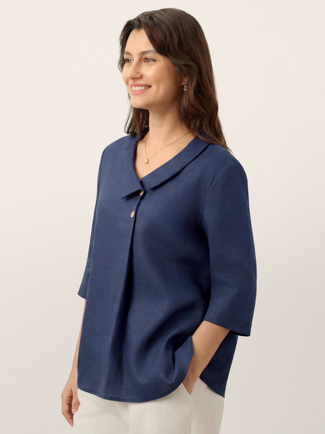 Linen Asymmetric-Collar Tunic Top with Button Detail