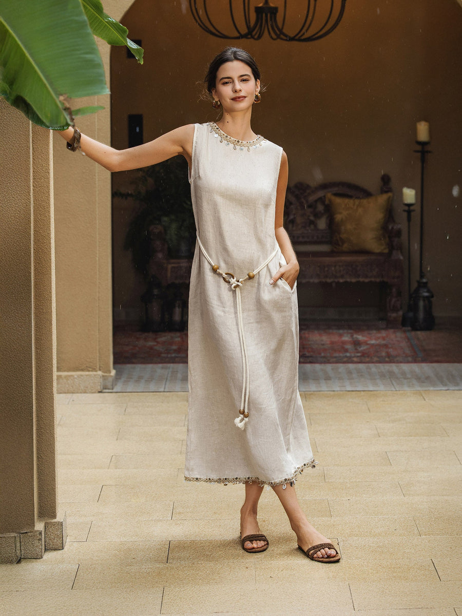 100% Linen Sleeveless Tailored Maxi Dress