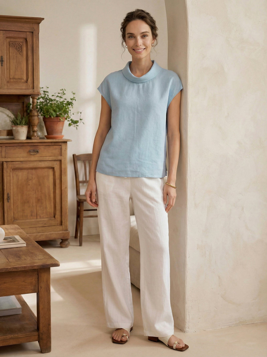 100% Linen Cap Sleeve Blouse