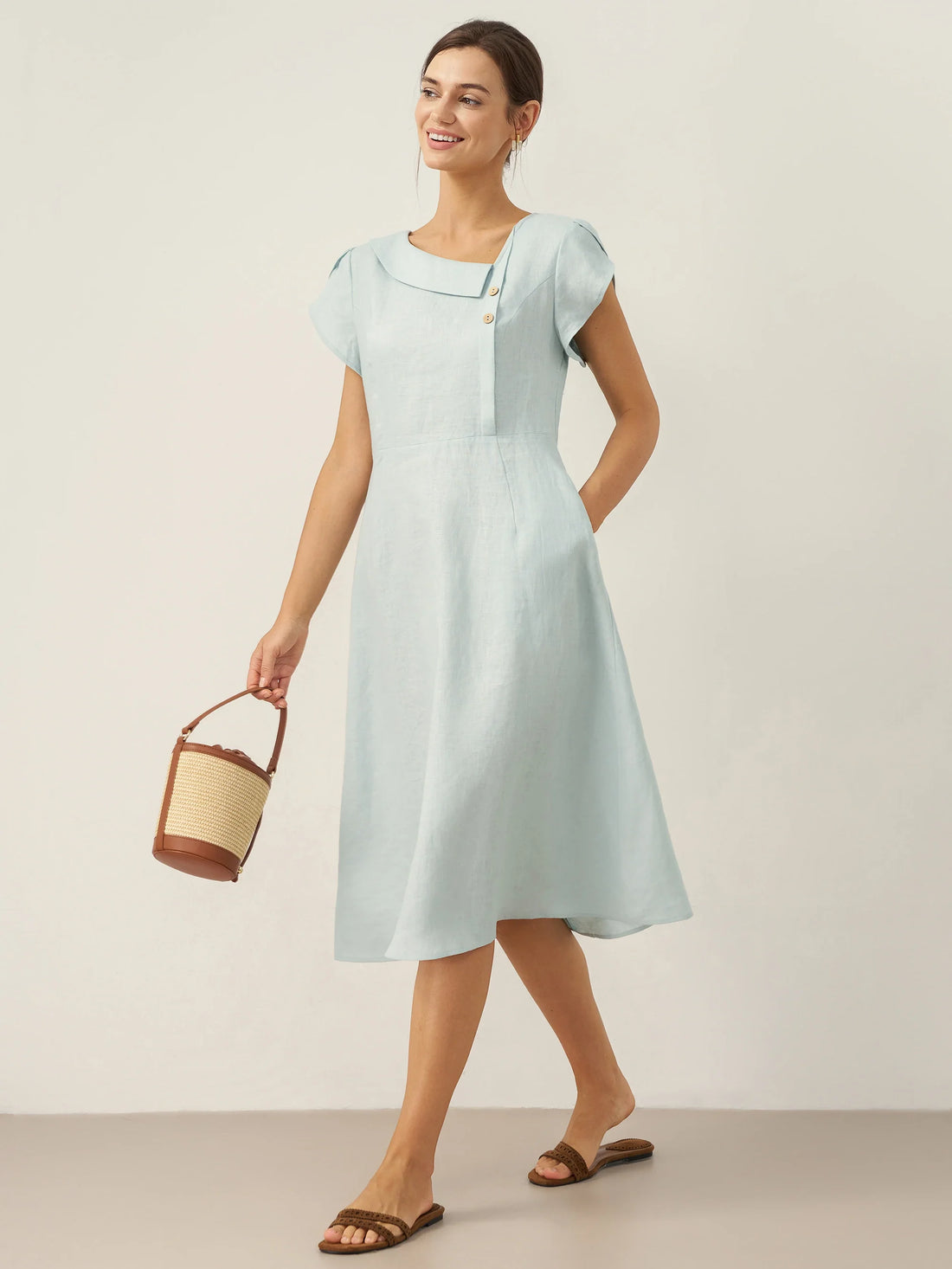 100% Linen Tailored Cap Sleeve Midi Dress