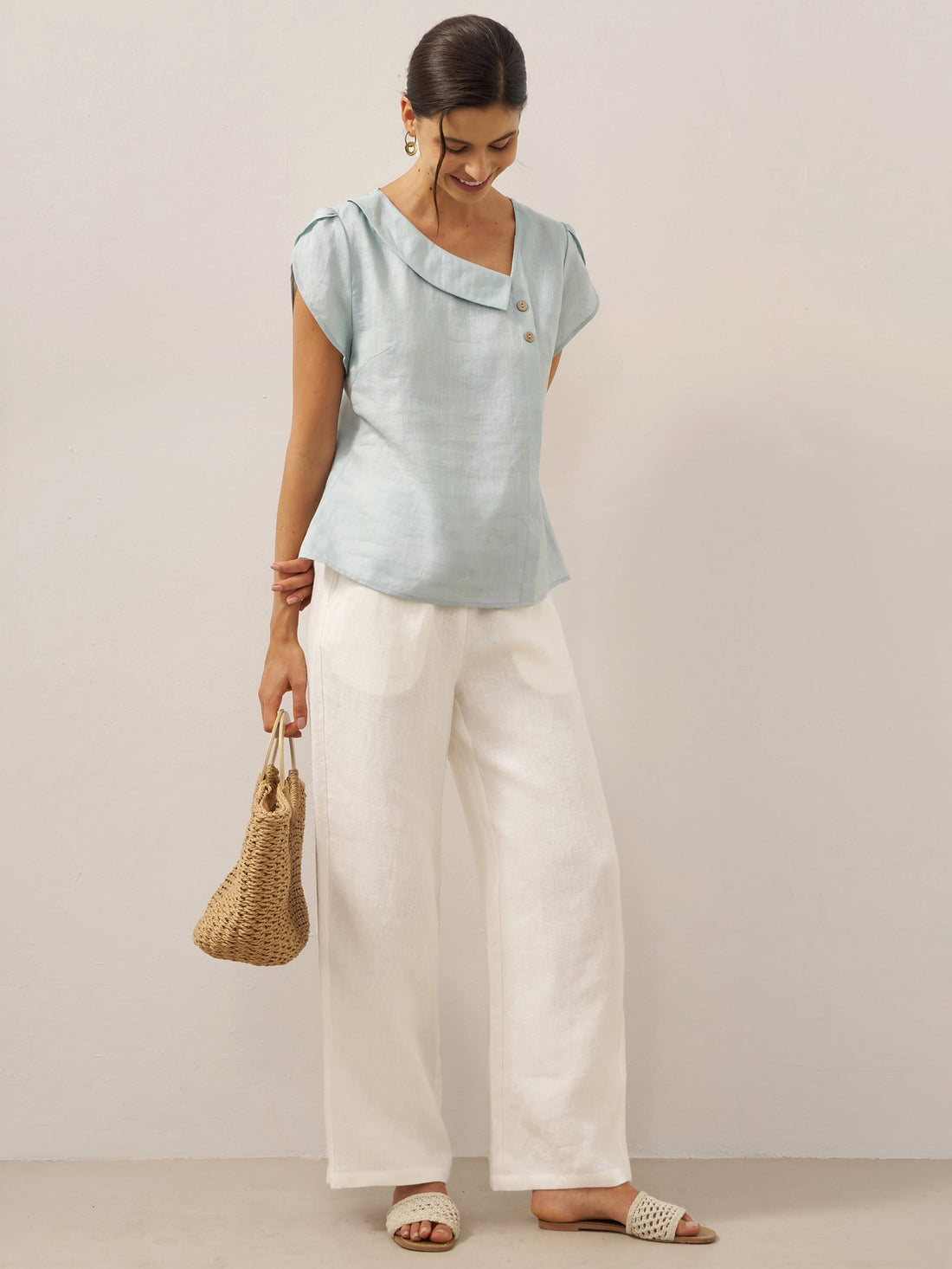 100% Linen Cap Sleeve Asymmetric Top