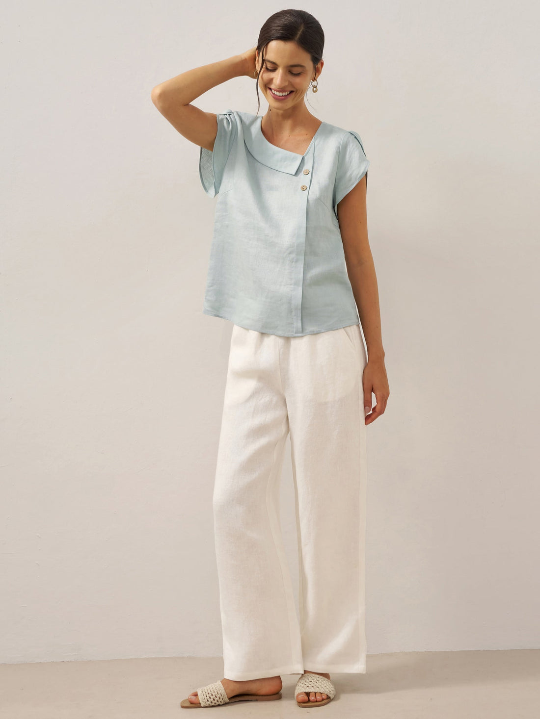 100% Linen Cap Sleeve Asymmetric Top