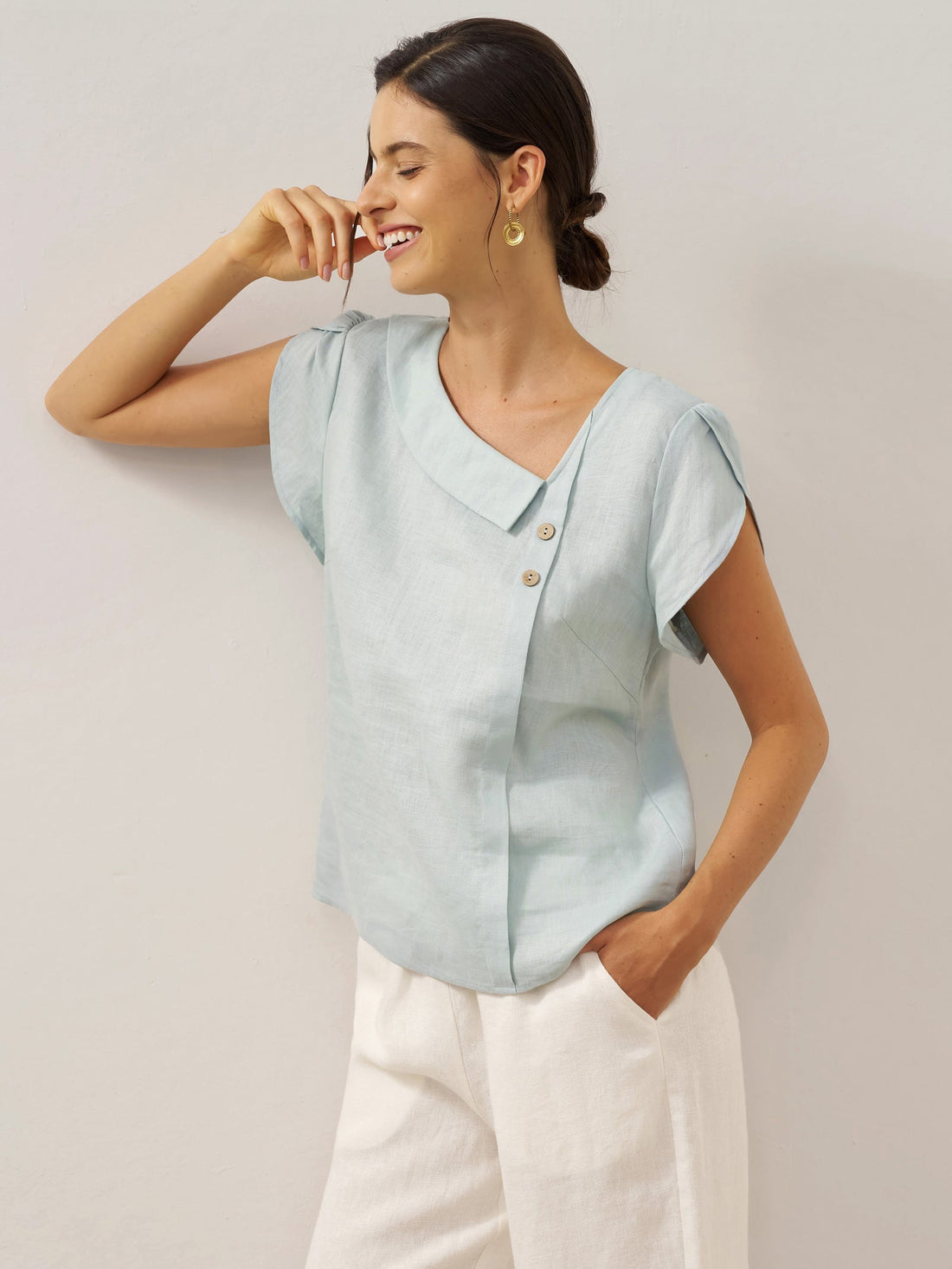100% Linen Cap Sleeve Asymmetric Top