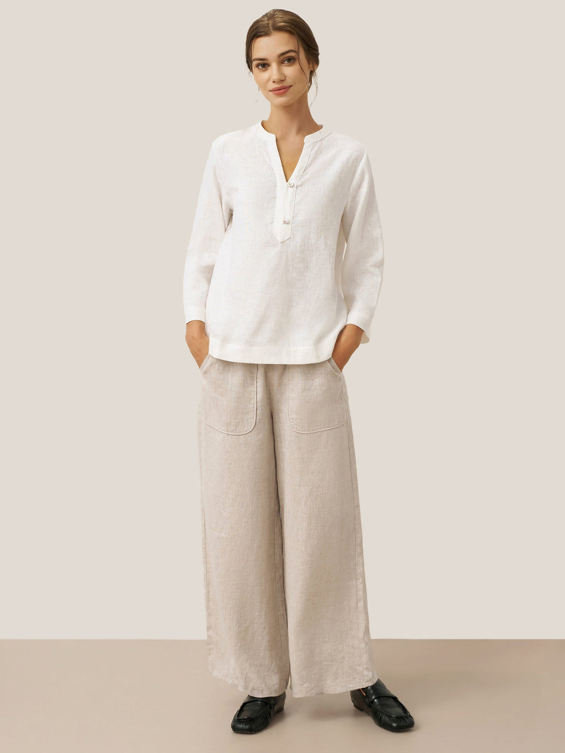100% Linen Deep V-Neck Blouse With Button Trim