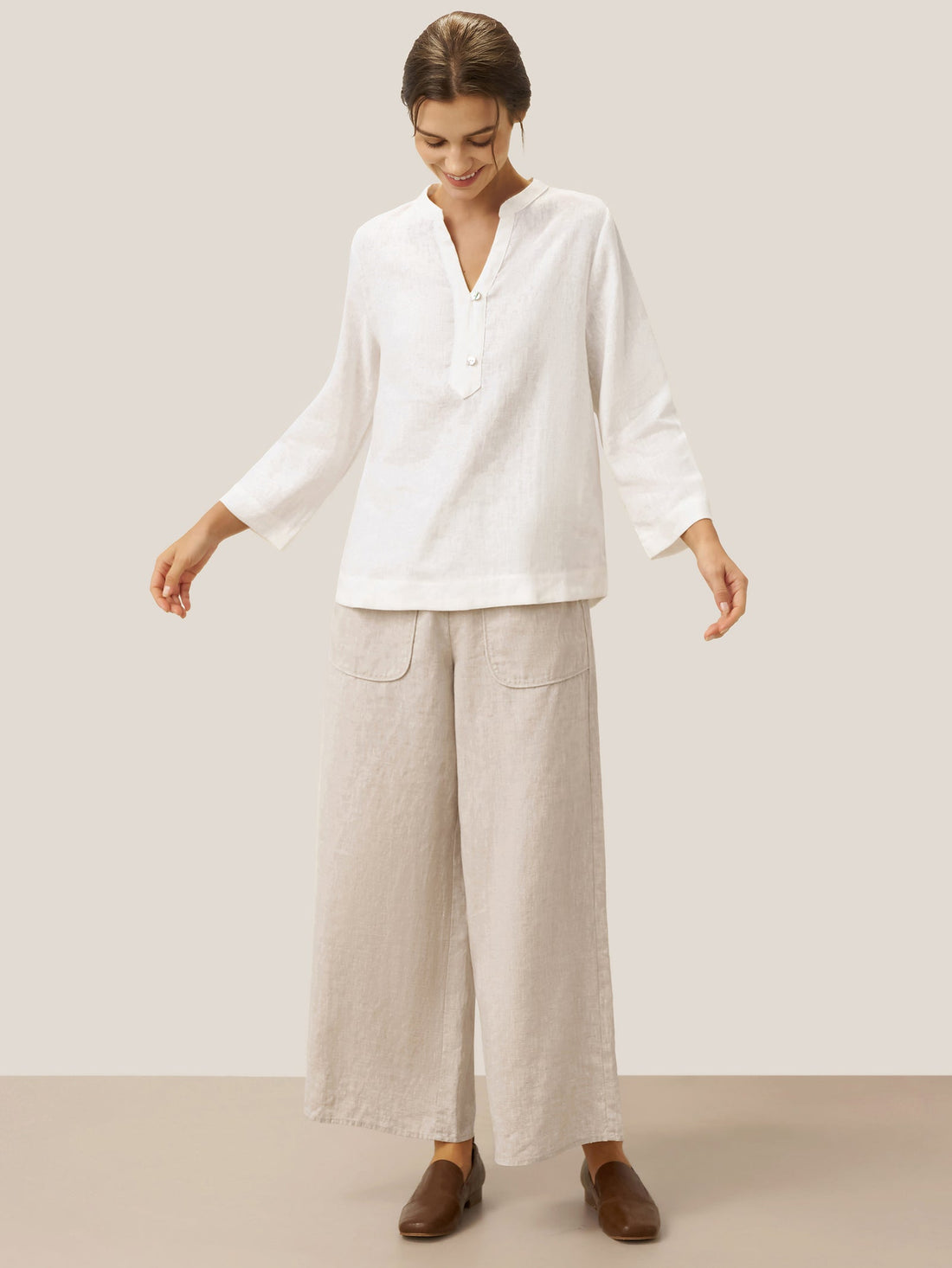 100% Linen Deep V-Neck Blouse With Button Trim