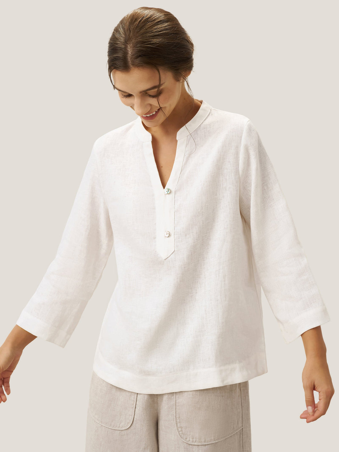 100% Linen Deep V-Neck Blouse With Button Trim