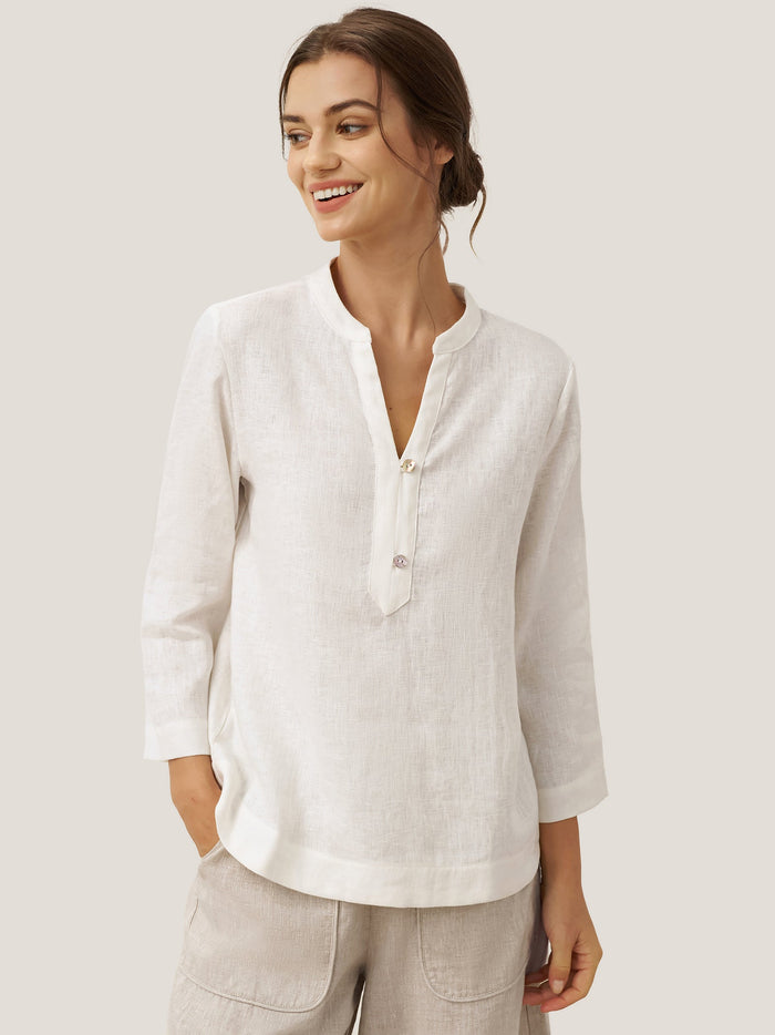 100% Linen Deep V-Neck Blouse With Button Trim