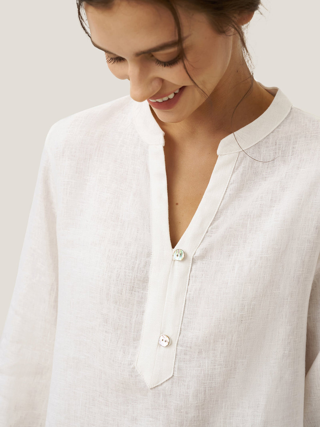 100% Linen Deep V-Neck Blouse With Button Trim